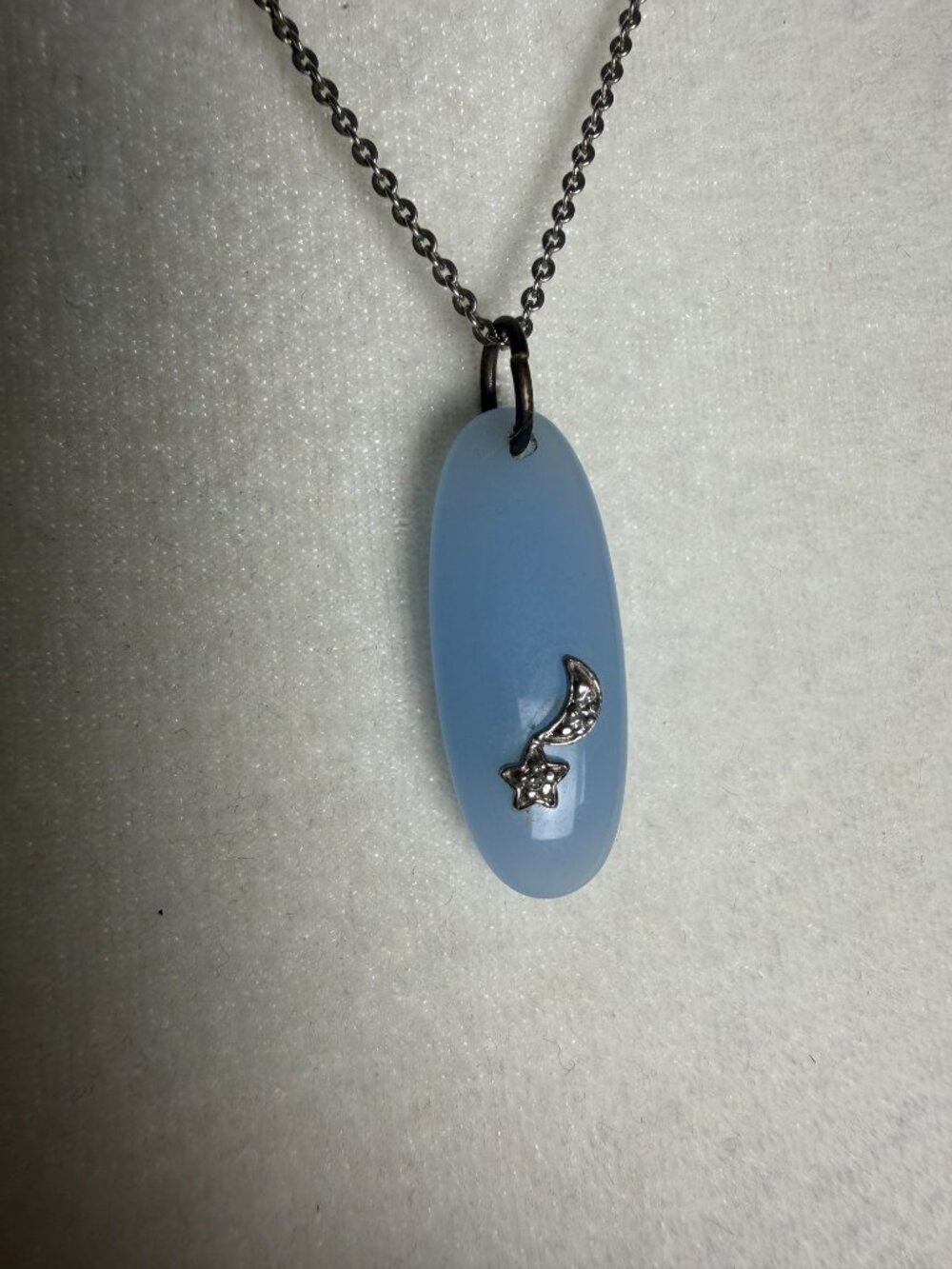 Vintage Blue Purple Stone & Pave Star & Moon Pendant Necklace Silver Tone